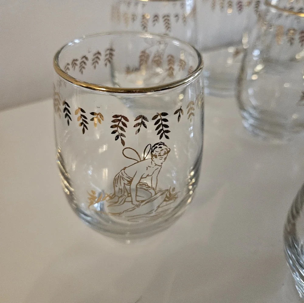 VTG 1950s LIBBEY White Rock Girl Gold Painted Stemless Glasses | Set of 10
